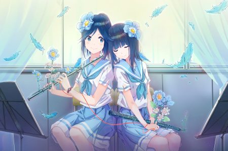 2girls animal flowers hibike! euphonium instrument jadeqilin kasaki nozomi liz to aoi tori school uniform yoroizuka mizore