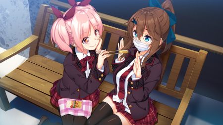 2girls aqua eyes bow brown hair chobipero food game cg hinekuremono no gakuen seishun monogatari mask nanjou sakuya pink eyes pink hair ponytail rozea sakura kyouko (kuremono) school uniform thighhighs tie twintails