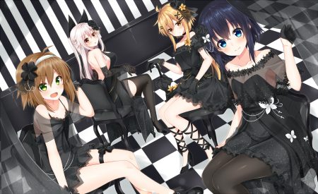 aqua eyes black hair blonde hair brown hair choker dress elbow gloves etna (komori kuzuyu) fang garter gloves green eyes group haru (komori kuzuyu) headband komori kuzuyu long hair nao (komori kuzuyu) orange eyes original pantyhose ponytail rivier (komori kuzuyu) see through short hair thighhighs umbrella white hair zettai ryouiki