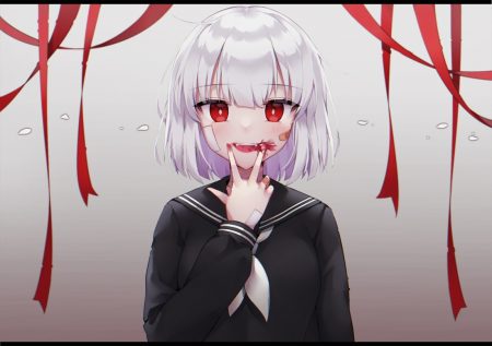 bandaid blood fang gradient gray hair original pong (vndn124) red eyes ribbons school uniform short hair vampire