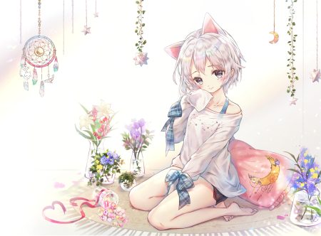 animal ears barefoot black eyes bow candy catgirl danby merong flowers gray hair original ribbons short hair white