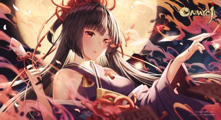 black hair blush clouds higanbana (onmyouji) japanese clothes long hair moon night onmyouji petals red eyes rosuuri sky twintails watermark