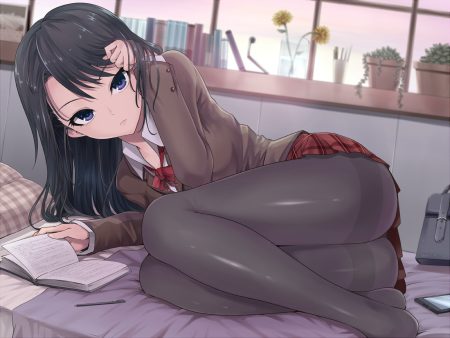 bed black hair blue eyes book bow kasai shin long hair original pantyhose phone school uniform skirt