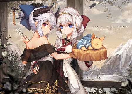 2girls animal blue eyes clouds dress horns hug jakoujika original purple eyes sky tiara white hair