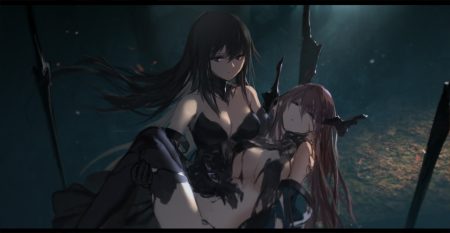 black hair breasts brown hair cleavage dark elbow gloves gloves long hair original pixiv fantasia sketch swd3e2 sword thighhighs torn clothes weapon
