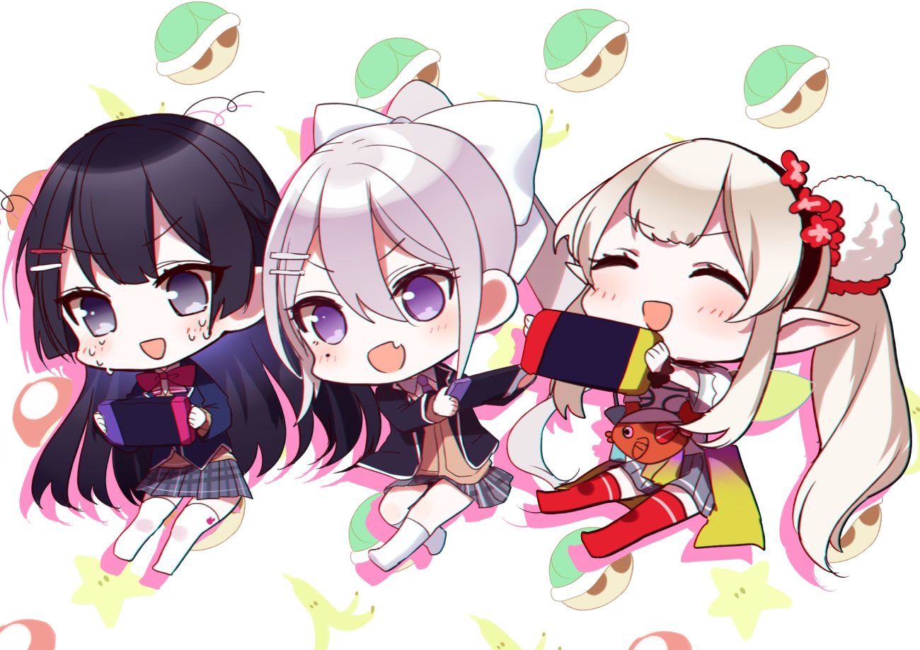 black hair blonde hair blue eyes chibi elu (nijisanji) fang game console gray hair headband higuchi kaede kneehighs long hair misumi (macaroni) nijisanji pointed ears ponytail purple eyes school uniform skirt thighhighs tsukino mito wristwear
