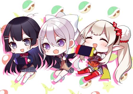 black hair blonde hair blue eyes chibi elu (nijisanji) fang game console gray hair headband higuchi kaede kneehighs long hair misumi (macaroni) nijisanji pointed ears ponytail purple eyes school uniform skirt thighhighs tsukino mito wristwear