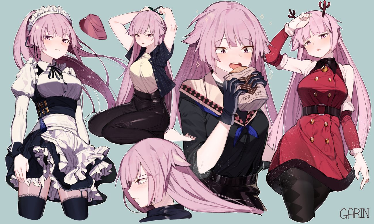 anthropomorphism apron barefoot blue dress food garin garter belt girls frontline gloves headdress long hair maid ntw-20 (girls frontline) pantyhose pink eyes pink hair signed stockings thighhighs