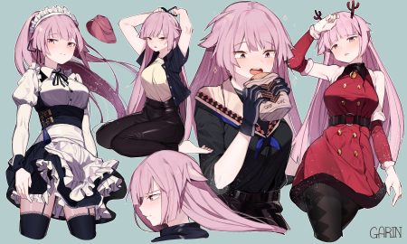 anthropomorphism apron barefoot blue dress food garin garter belt girls frontline gloves headdress long hair maid ntw-20 (girls frontline) pantyhose pink eyes pink hair signed stockings thighhighs