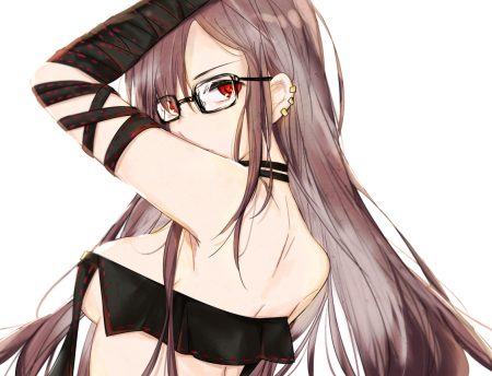 breasts brown hair choker consort yu (fate) elbow gloves fate/grand order fate (series) glasses gloves long hair nono (011299) red eyes white