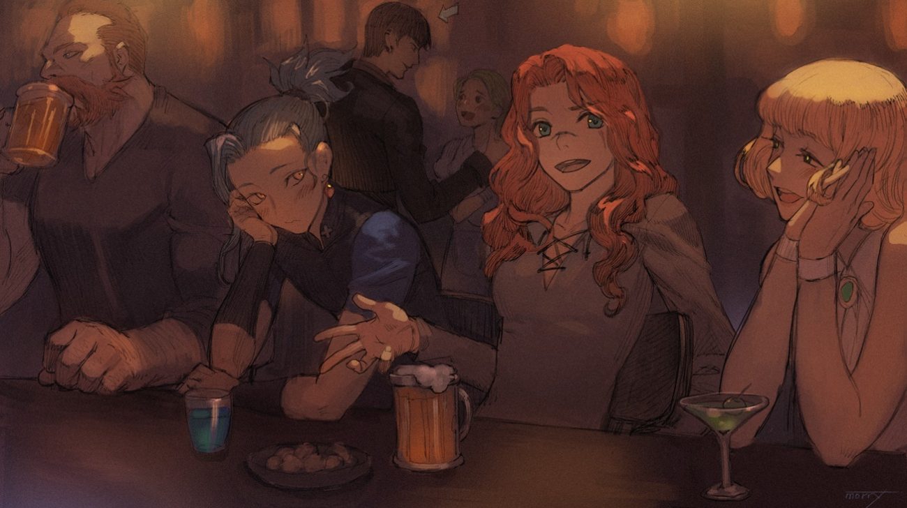 blonde hair blush drink gray hair green eyes group long hair male morry evans orange hair original ponytail scar short hair signed wristwear yellow eyes