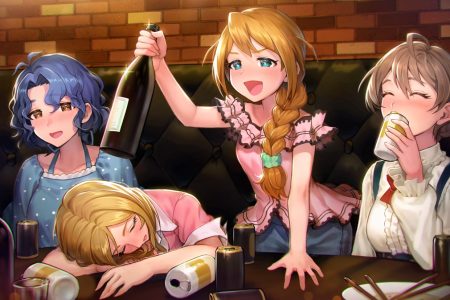 apple brk aqua eyes baba konomi blonde hair blue hair blush braids brown eyes brown hair drink group idolmaster idolmaster million live! momose rio necklace ponytail sakuramori kaori short hair sleeping toyokawa fuuka