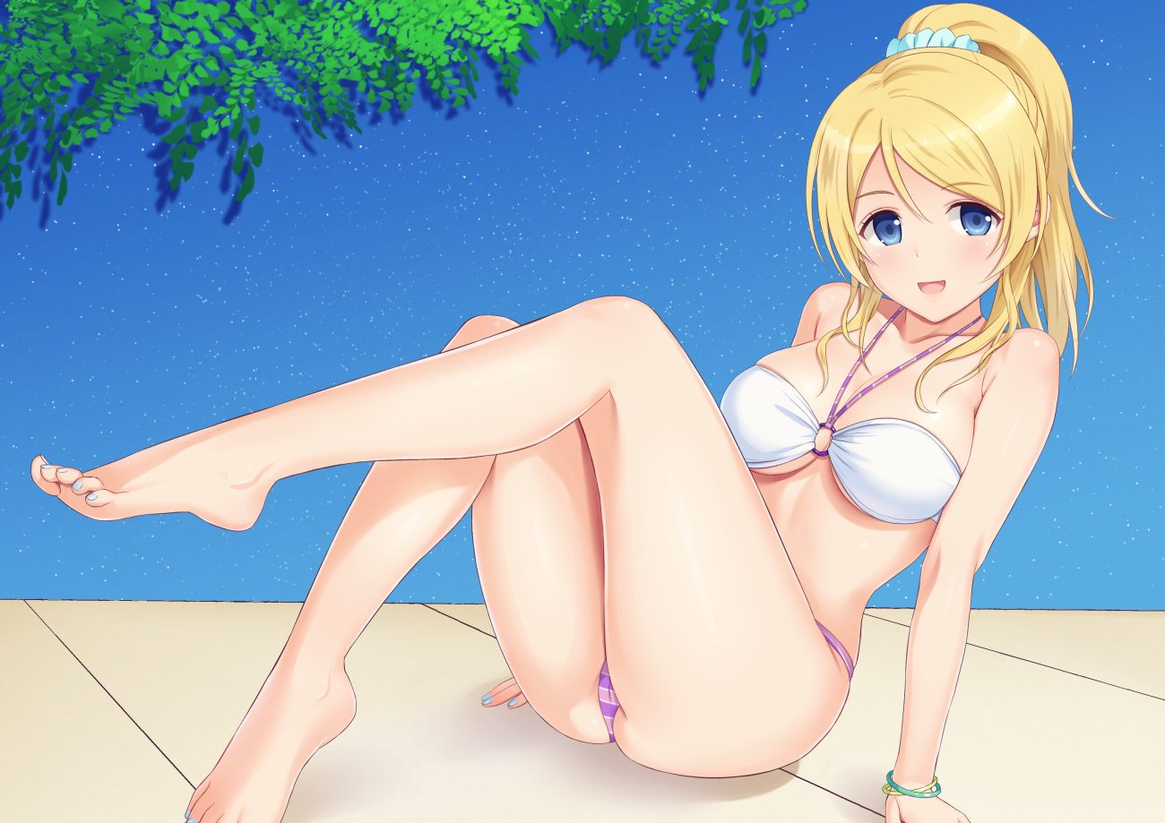 ayase eri barefoot bikini blonde hair blue eyes long hair love live! school idol project navel n.g. ponytail swimsuit