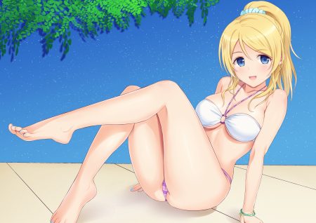ayase eri barefoot bikini blonde hair blue eyes long hair love live! school idol project navel n.g. ponytail swimsuit