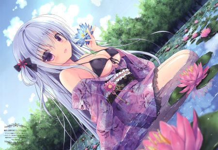 bikini top blush flowers gray hair japanese clothes kimono long hair miyasaka miyu original pink eyes scan sky water