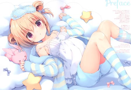 blonde hair blush bow kneehighs loli miyasaka miyu original purple eyes scan short hair shorts socks thighhighs