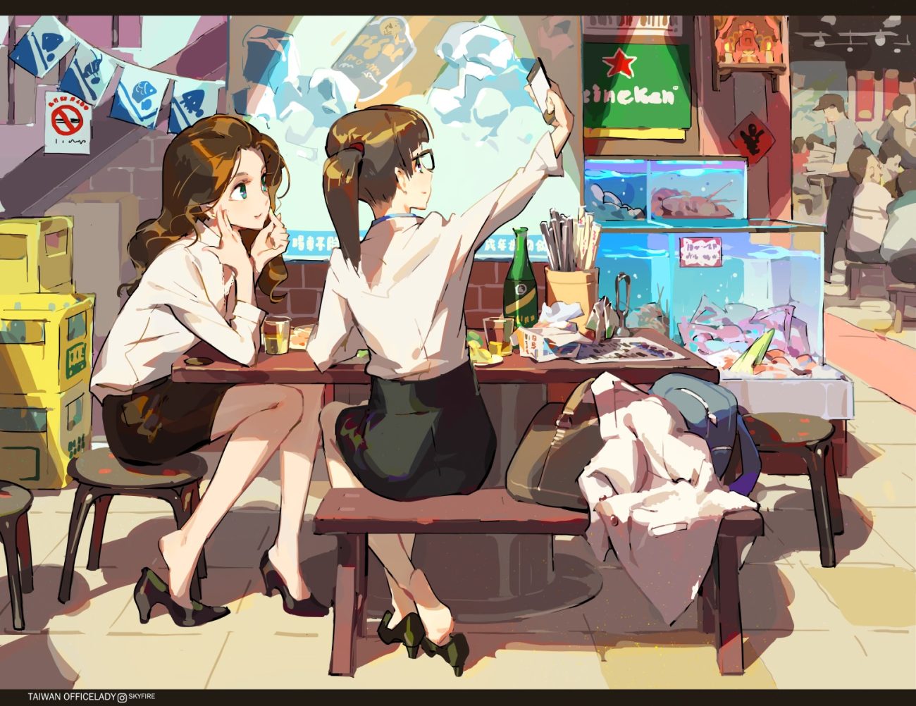 2girls brown hair drink food glasses green eyes original phone ponytail skirt tennohi uniform watermark
