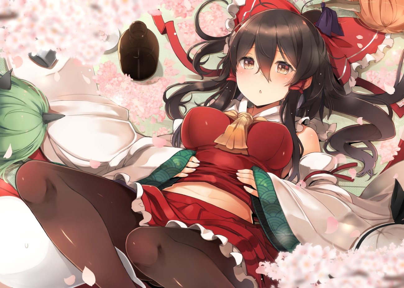 black hair blush bow breasts brown eyes brown hair cherry blossoms flowers gray hair hakurei reimu horns ibuki suika japanese clothes komano aunn konpaku youmu long hair miko myon pantyhose petals shin (new) touhou waifu2x