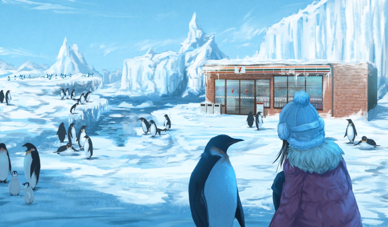 animal bird black hair building clouds hat original penguin roke (taikodon) scenic short hair sky snow