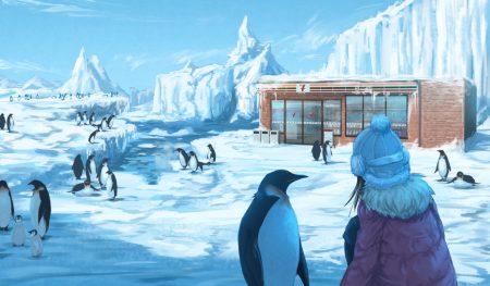 animal bird black hair building clouds hat original penguin roke (taikodon) scenic short hair sky snow