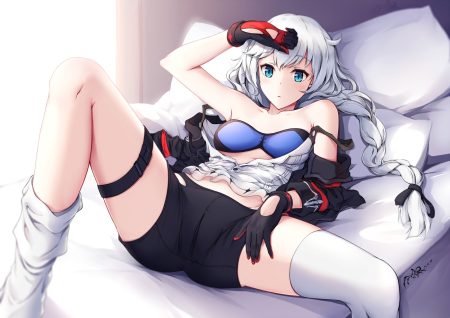 aqua eyes bike shorts bra braids cameltoe garter gloves gray hair honkai impact honkai (series) kallen kaslana long hair navel open shirt ribbons shibanme tekikumo shorts signed spread legs thighhighs twintails underwear