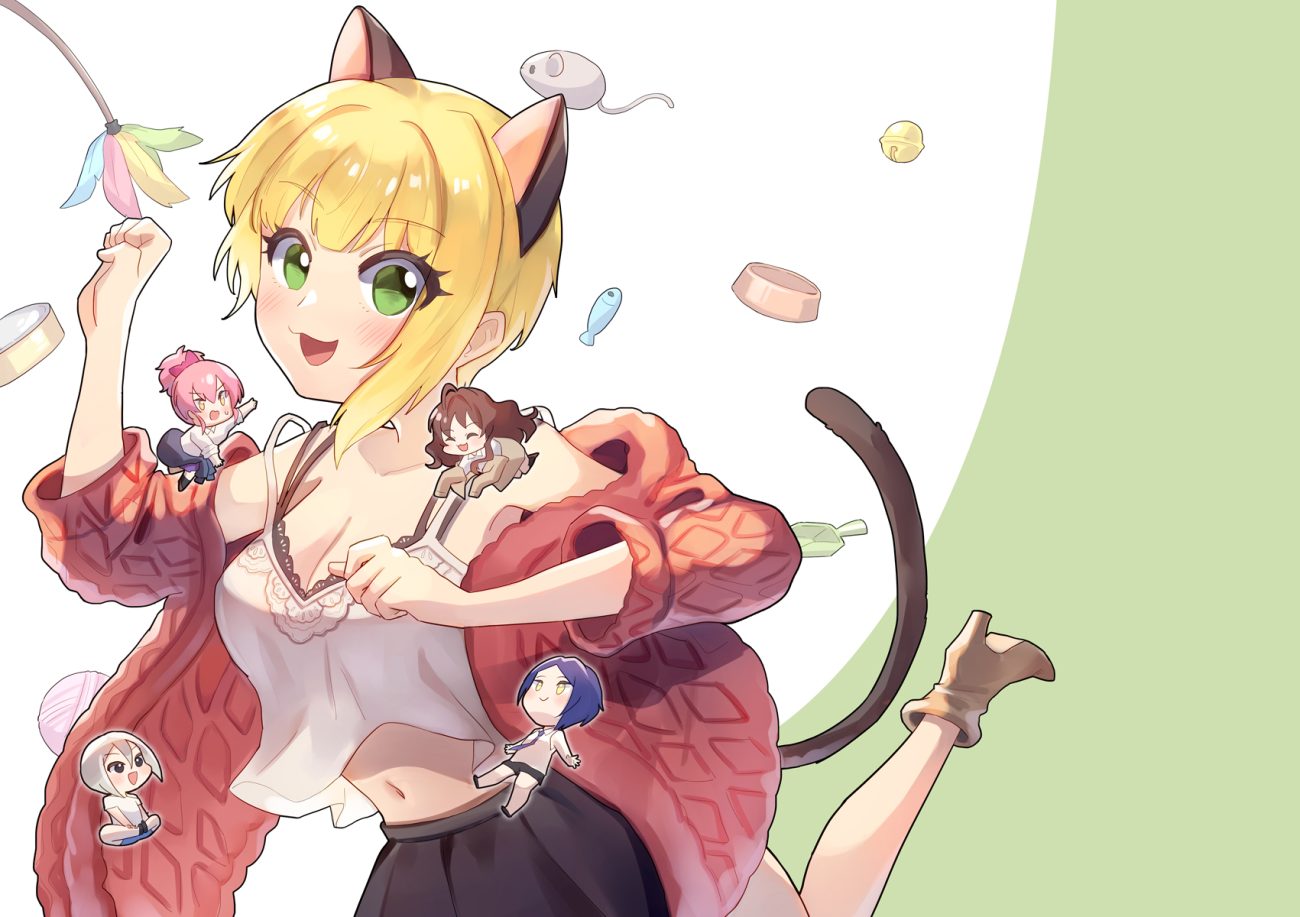 amy30535 animal ears blonde hair boots bra breasts catgirl cat smile chibi cleavage green eyes hayami kanade ichinose shiki idolmaster idolmaster cinderella girls jougasaki mika miyamoto frederica navel shiomi shuuko short hair skirt tail underwear white
