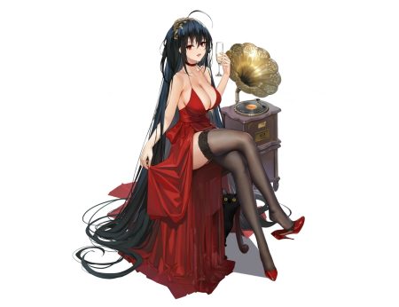 animal anthropomorphism azur lane black hair breasts cat choker cleavage dress drink long hair red eyes stockings taihou (azur lane) white yunsang