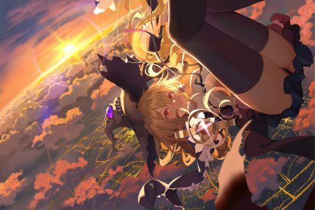 building city clouds dorothy (shingeki no bahamut) hat jpeg artifacts shadowverse shingeki no bahamut sky sunset thighhighs witch hat yunsang
