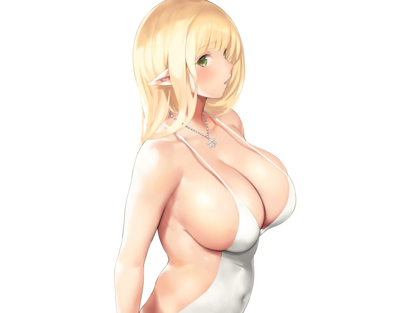 blonde hair breasts cleavage green eyes long hair necklace nekoshoko original pointed ears white