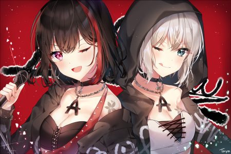 2girls aoba moka aqua eyes bang dream! black hair breasts cleavage gray hair microphone mitake ran necklace purple eyes red signed taya oco wink