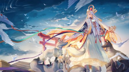 animal bird clouds criin long hair miketsu (onmyouji) onmyouji red eyes reflection sky torii white hair wolf