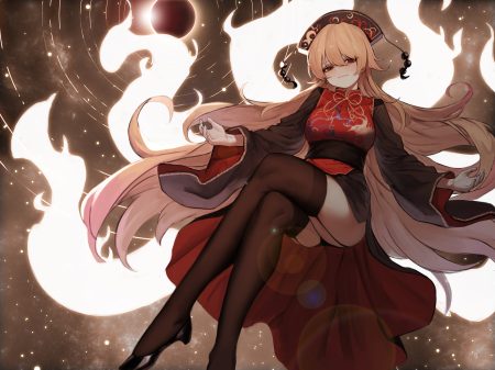 blonde hair chinese clothes dress garter belt headdress heoningu junko panties red eyes thighhighs touhou underwear