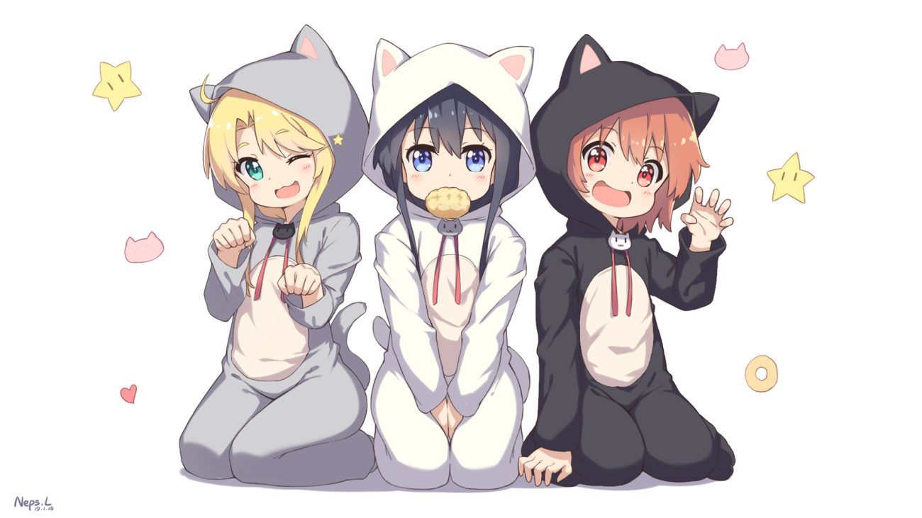 animal ears black hair blonde hair blue eyes brown hair cat smile food green eyes himesaka noa hood hoshino hinata loli neps-l red eyes shirosaki hana signed watashi ni tenshi ga maiorita! white