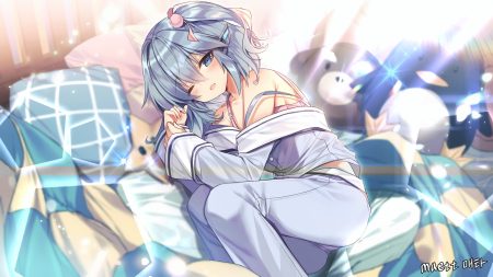 bed blue eyes blue hair blush maett original pajamas ponytail short hair signed wink