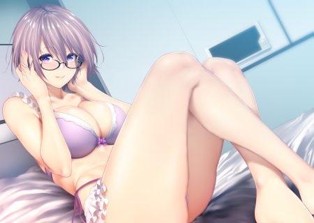 barefoot bed bra breasts cleavage cropped fate/grand order fate (series) glasses mash kyrielight panties purple eyes purple hair short hair underwear zucchini