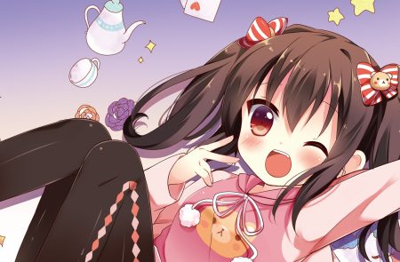 blush brown hair close fang gradient hood loli long hair original pantyhose red eyes twintails umeko machi wink