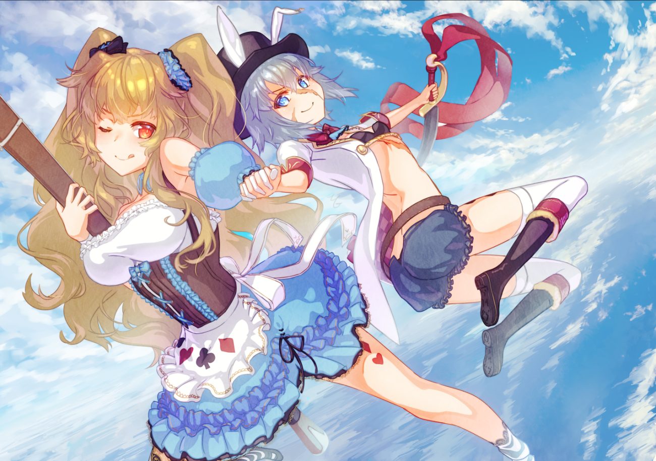 2girls alice in wonderland animal ears anne bonny aqua eyes bikini top blonde hair breasts clouds cosplay fate/grand order fate (series) garutaisa gray hair hat long hair mary read red eyes scarf short hair shorts skirt sky sword twintails weapon wink