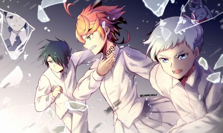 aqua eyes black hair conny (yakusoku no neverland) emma (yakusoku no neverland) gray hair green eyes isabella (yakusoku no neverland) male meilynn-hayakan norman (yakusoku no neverland) orange hair ray (yakusoku no neverland) shirt short hair tattoo yakusoku no neverland
