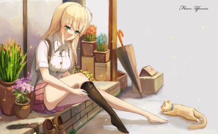 animal blonde hair cat flowers green eyes long hair original skirt tagme (artist)