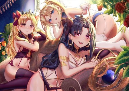 aliasing aqua eyes ass black hair blush bow bra bradamante braids breasts brown eyes cleavage couch ereshkigal (fate/grand order) fate/grand order fate (series) flowers garter belt gloves ishtar (fate/grand order) long hair navel panties ponytail red eyes rose saruei stockings thighhighs tiara underwear watermark wristwear