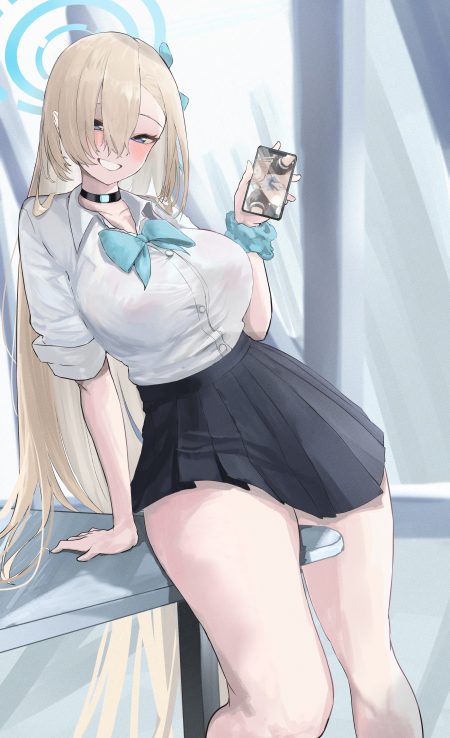 yoruminono yo blue archive ichinose asuna bra halo open shirt see through seifuku skirt lift