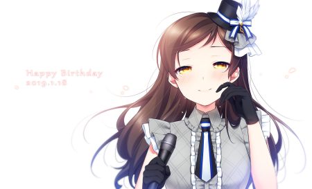 blush brown hair feathers gloves hat idolmaster idolmaster million live! kitazawa shiho long hair microphone petals tears tie touon white yellow eyes