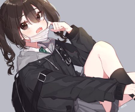 blush brown eyes brown hair gray hood idolmaster idolmaster cinderella girls long hair mask patzzi school uniform signed skirt sunazuka akira twintails