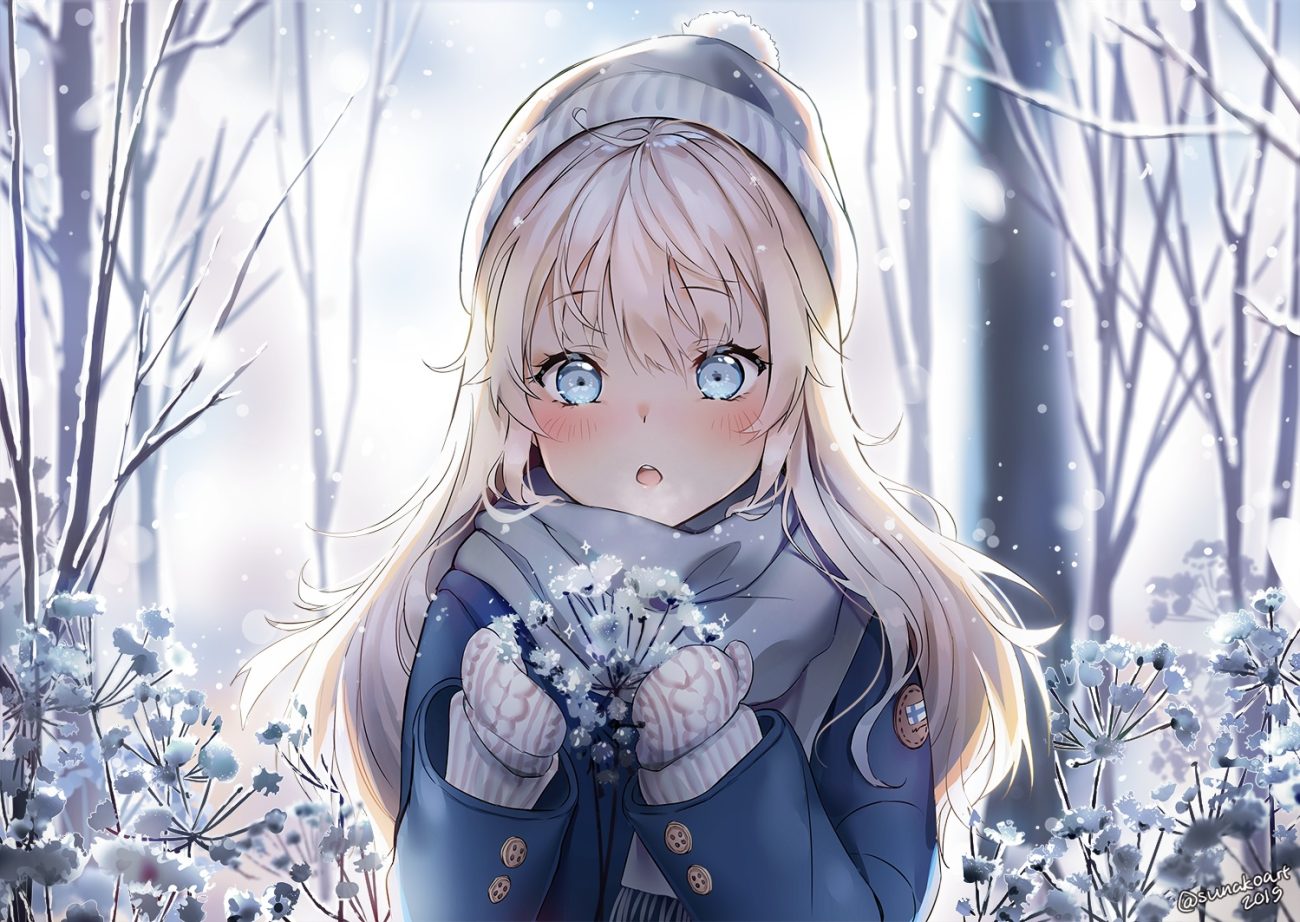 aqua eyes blonde hair close gloves hat long hair original scarf signed snow sunako (veera) tree winter