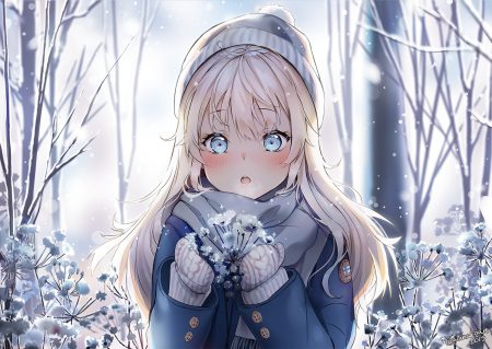 aqua eyes blonde hair close gloves hat long hair original scarf signed snow sunako (veera) tree winter