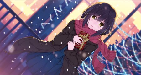 black hair blush bow christmas nijisanji pantyhose scarf school uniform shizuka rin skirt snow taiyaki (artist) yellow eyes