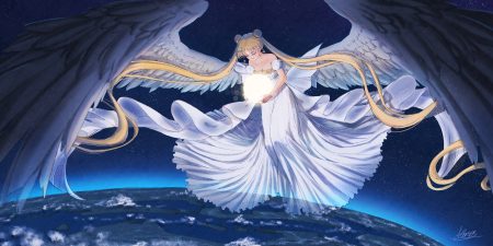 atatos blonde hair breasts cleavage clouds dress earth long hair planet princess serenity sailor moon space stars tsukino usagi twintails wings