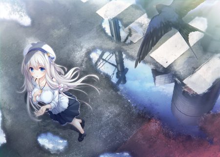 animal bird blue eyes breast hold hat kimihara yua long hair mikagami mamizu necklace pieces/wataridori no somnium reflection skirt whirlpool white hair