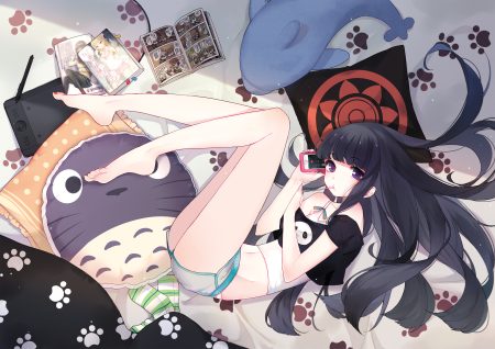 barefoot black hair book computer fate/grand order fate (series) long hair navel original phone purple eyes slyvia tonari no totoro