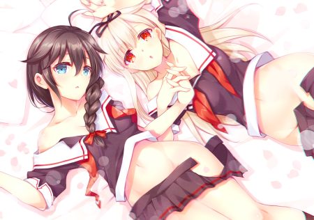 2girls anthropomorphism blonde hair brown hair green eyes gunp kantai collection long hair navel nopan red eyes school uniform shigure (kancolle) skirt yuudachi (kancolle)